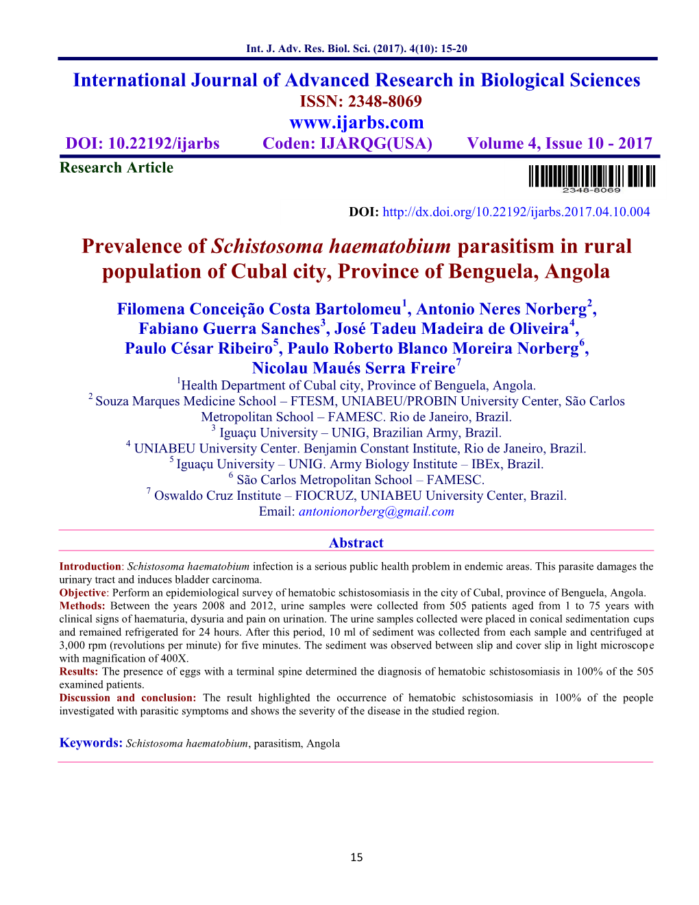 Prevalence of Schistosoma Haematobium Parasitism in Rural Population of Cubal City, Province of Benguela, Angola