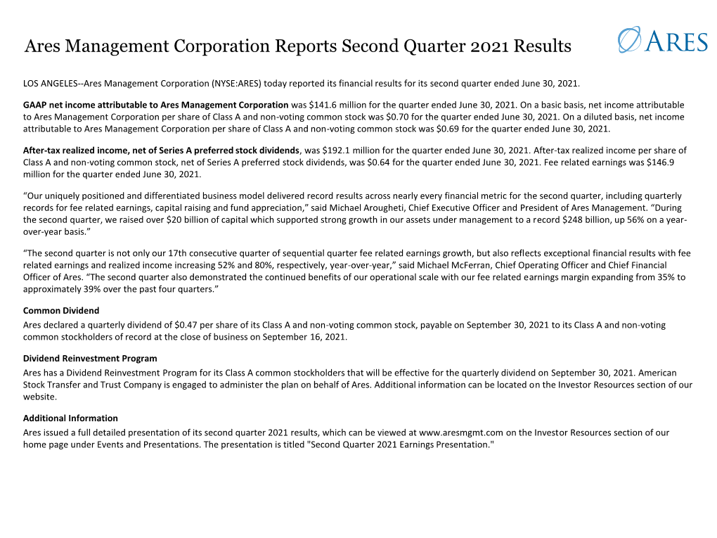 Ares Management Corporation Reports Second Quarter 2021 Results
