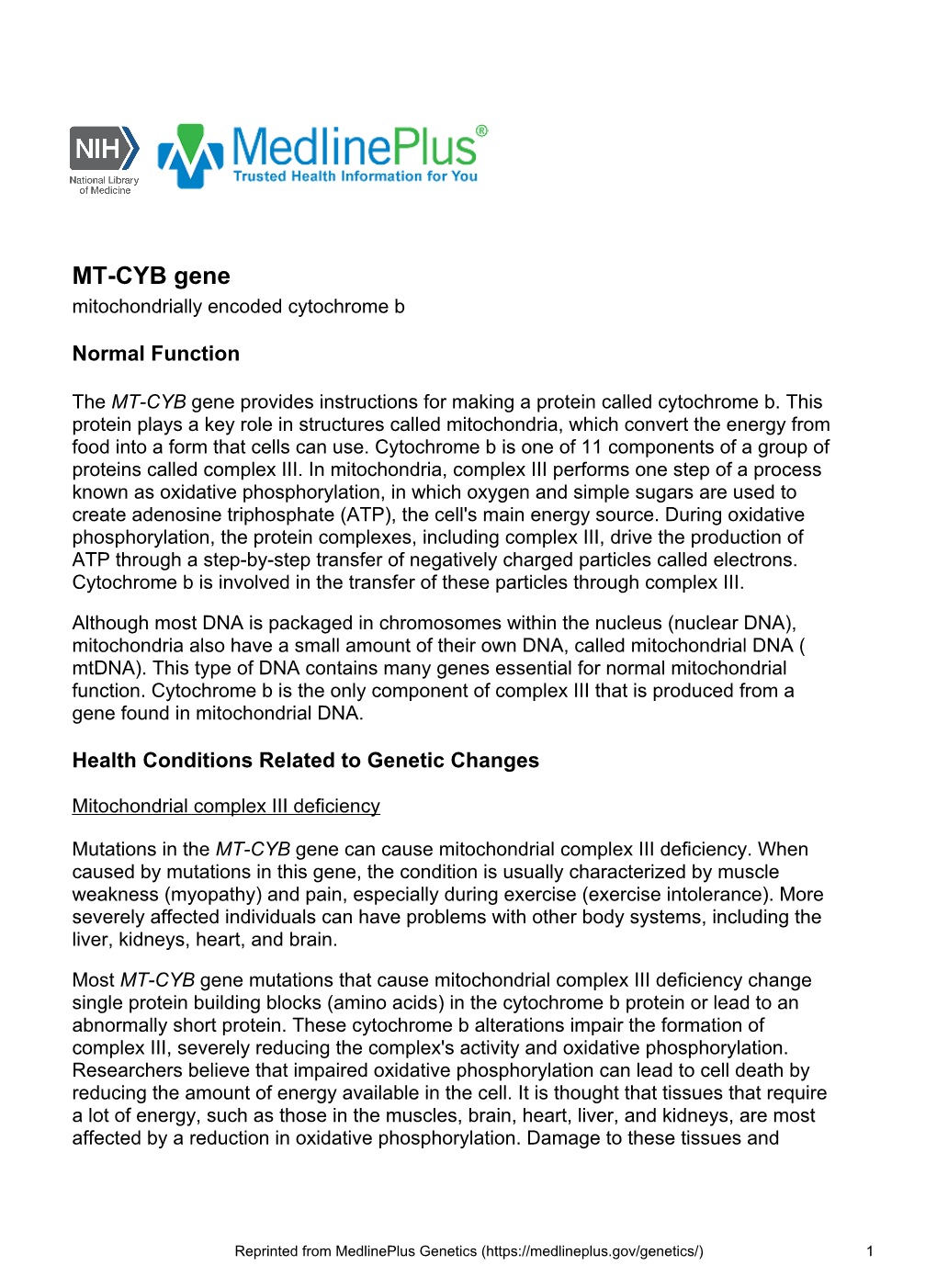 MT-CYB Gene Mitochondrially Encoded Cytochrome B