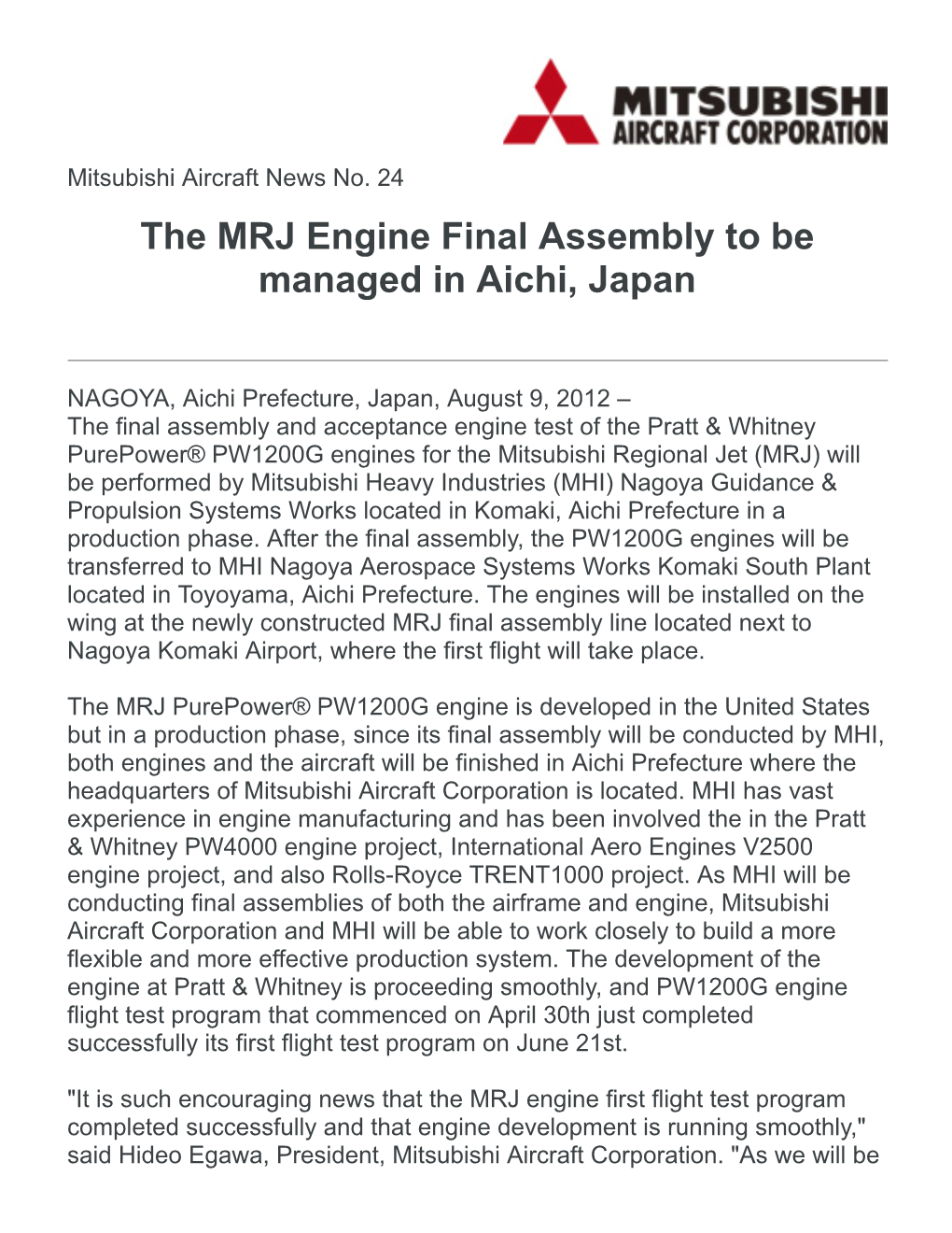 The MRJ Engine Final Assembly to Be Managed in Aichi, Japan