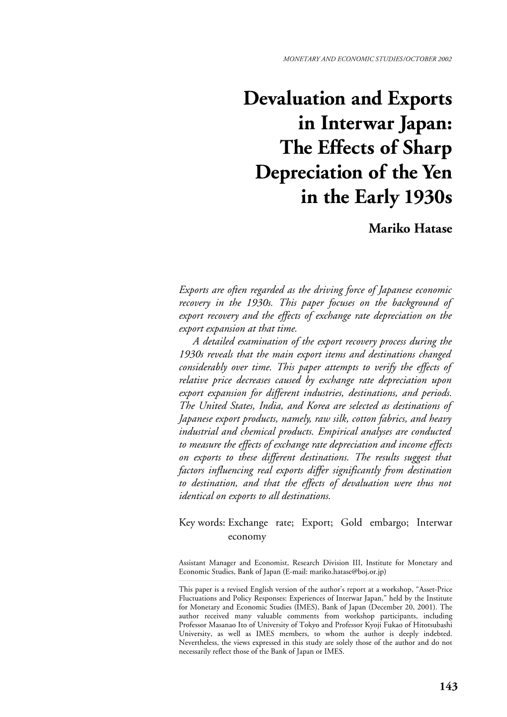 Devaluation and Exports in Interwar Japan: the Effects of Sharp Depreciation of the Yen in the Early 1930S