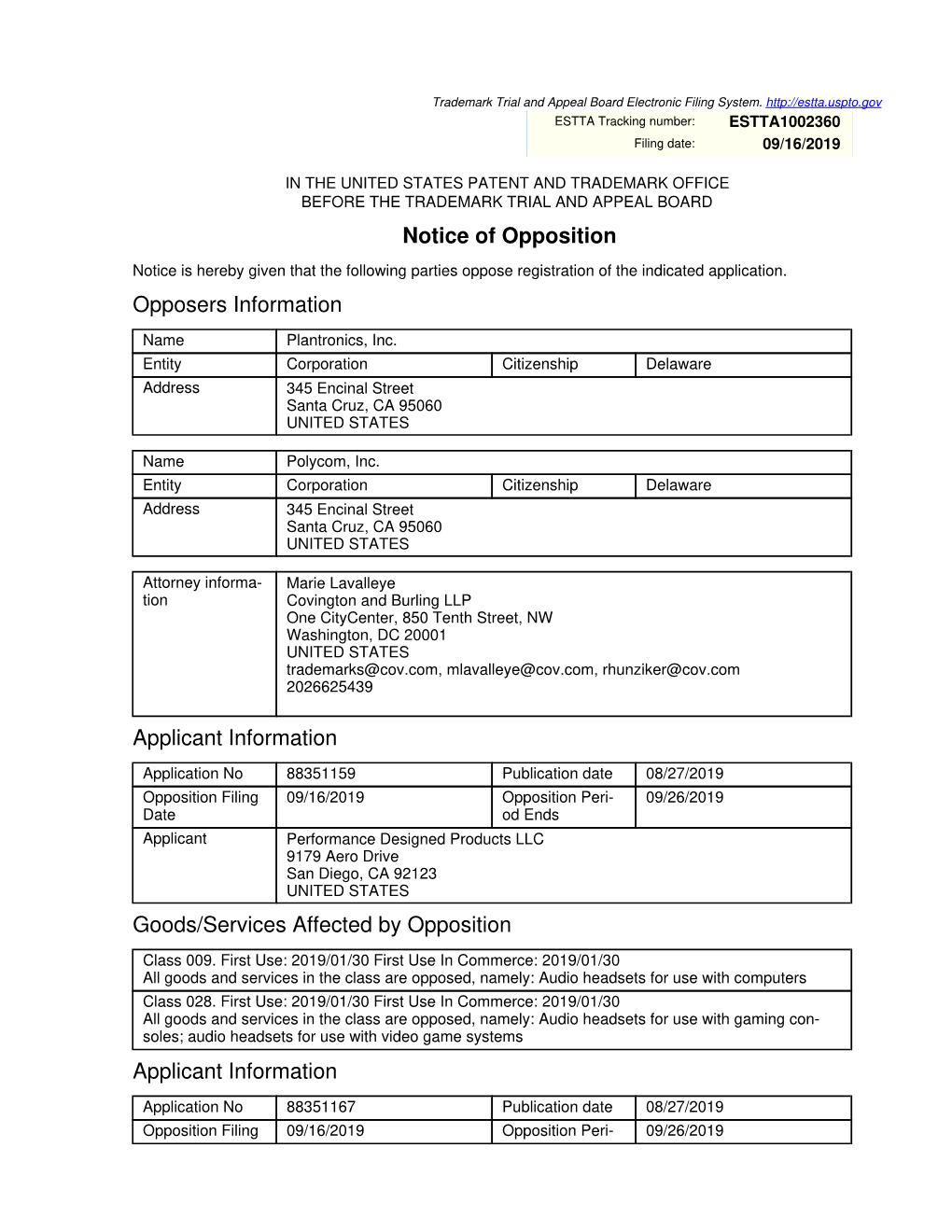 Notice of Opposition Opposers Information Applicant Information