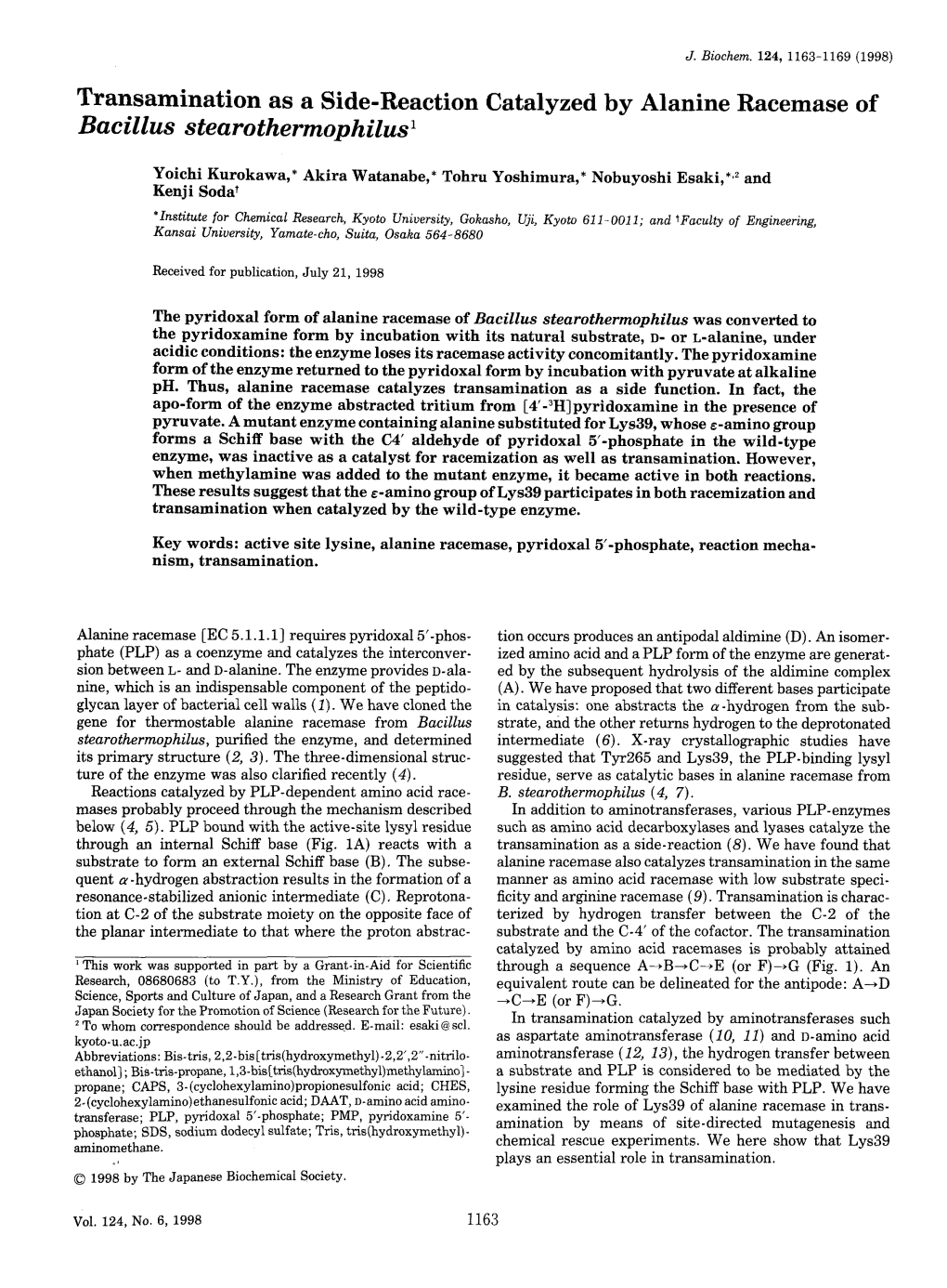 Transamination As a Side-Reaction Catalyzed by Alanine Racemase of Bacillus Stearothermophilus 1