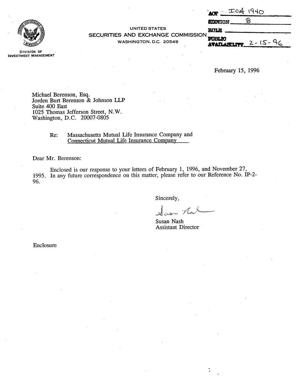 Division of Investment Management No-Action Letter: Massachusetts Mutual Life