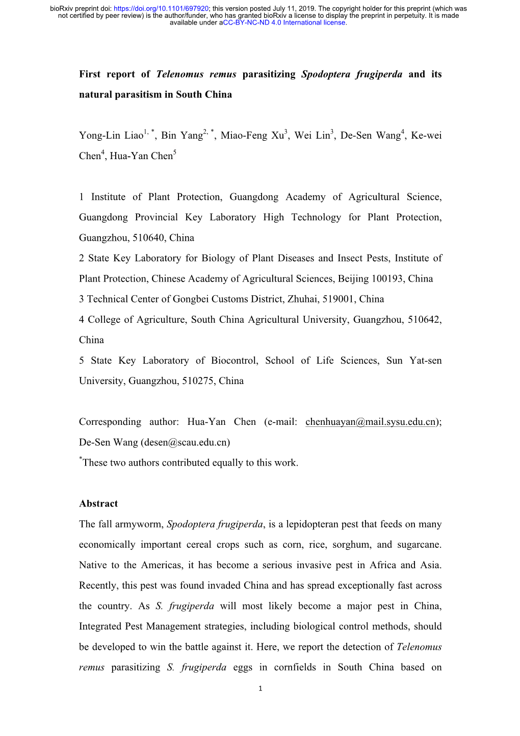 First Report of Telenomus Remus Parasitizing Spodoptera Frugiperda and Its Natural Parasitism in South China