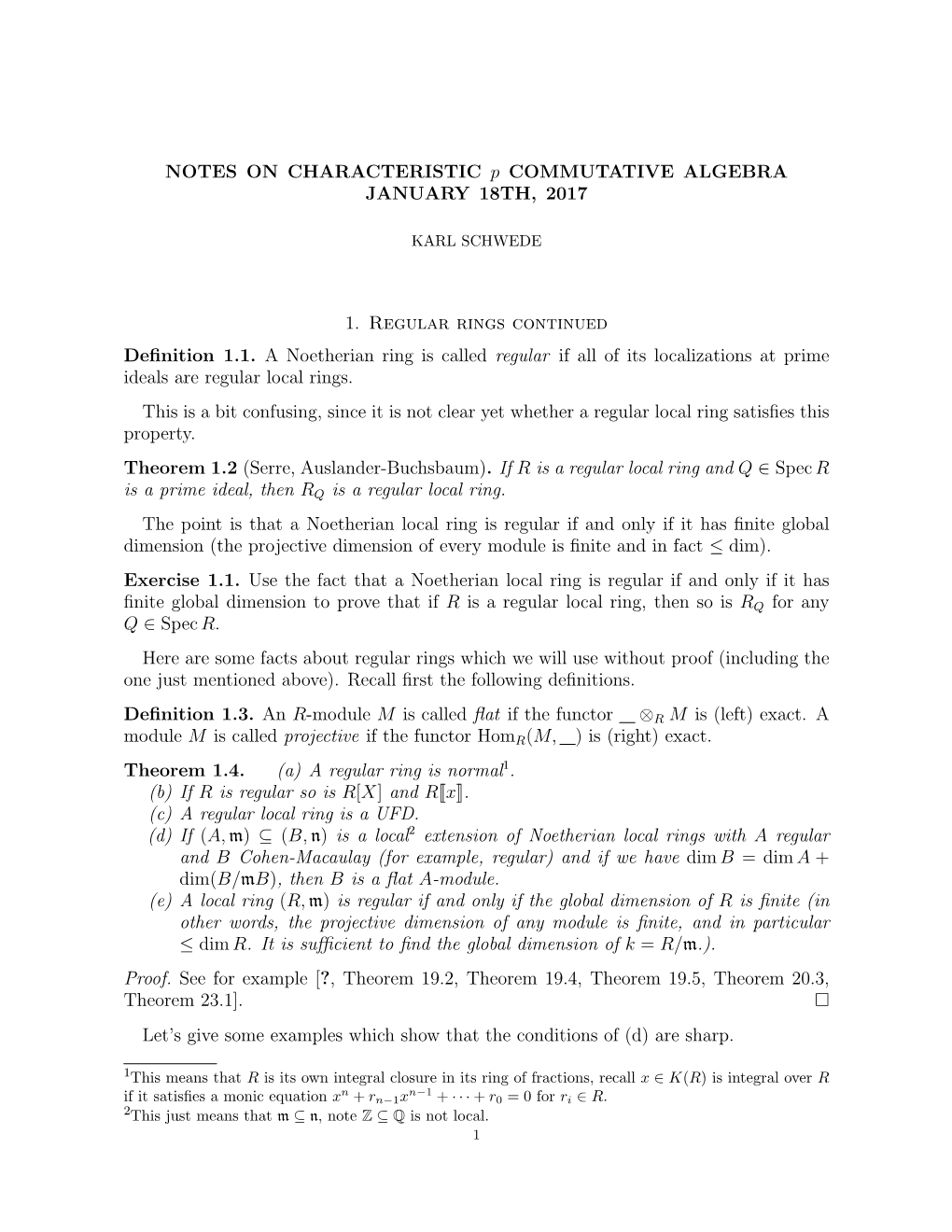 NOTES on CHARACTERISTIC P COMMUTATIVE ALGEBRA JANUARY 18TH, 2017