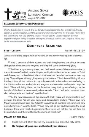 ABIDING GRACE LUTHERAN CHURCH SCRIPTURE READINGS Isaiah 66:18-24 Psalm #103