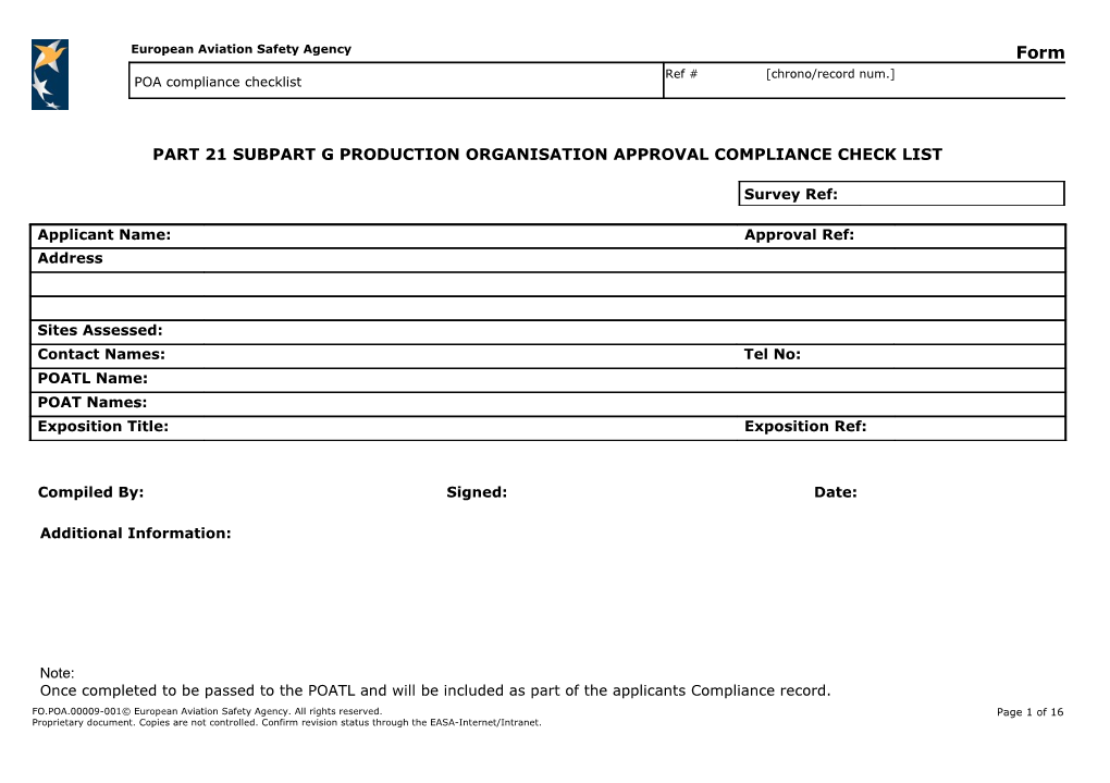 Part 21 Subpart G Production Organisation Approval Compliance Check List