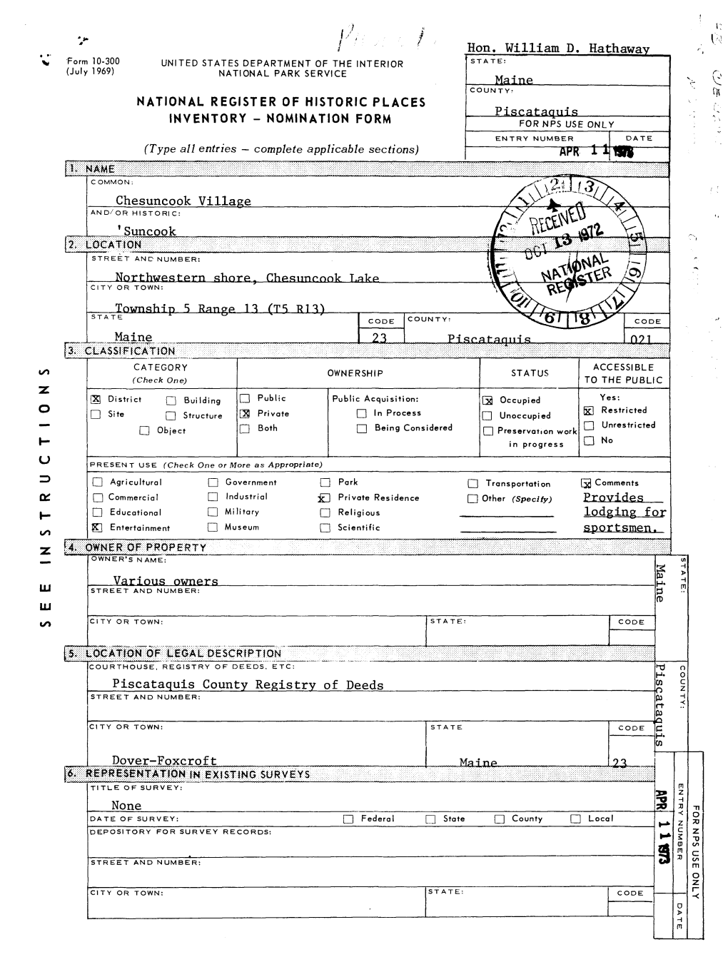 V, Form 10-300 UNITED STATES DEPARTMENT of the INTERIOR STATE: (July 1969) NATIONAL PARK SERVICE