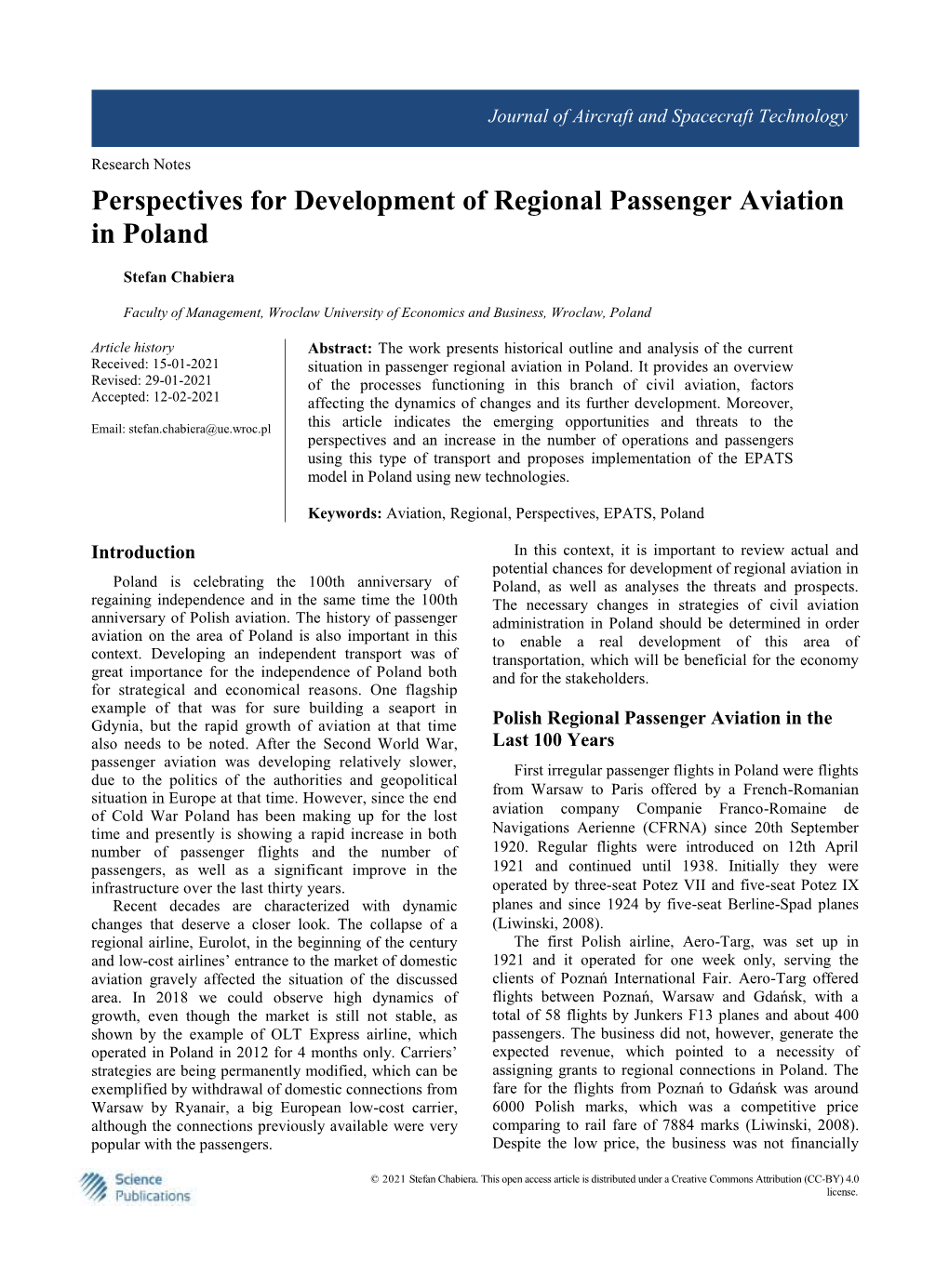 Perspectives for Development of Regional Passenger Aviation in Poland