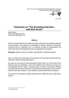 The Emulating Interview... with Rick Grush” Aaron Sloman School of Computer Science University of Birmingham, UK
