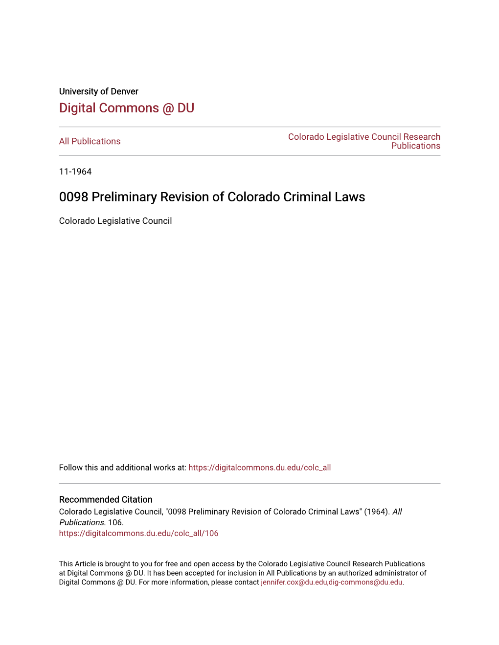 0098 Preliminary Revision of Colorado Criminal Laws