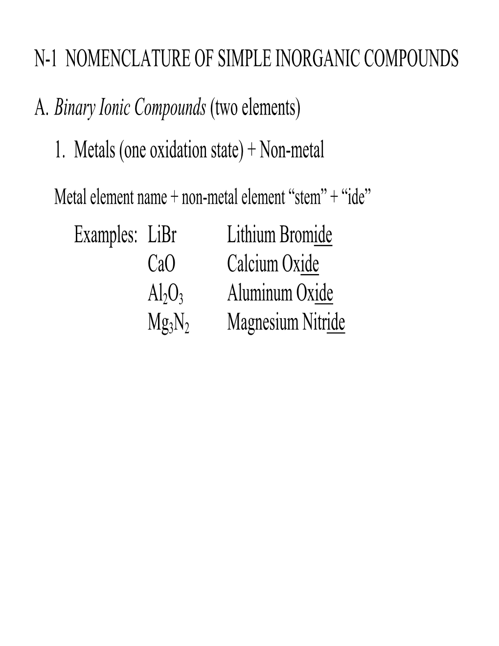 (Two Elements) 1. Metals (One Oxidation State) +