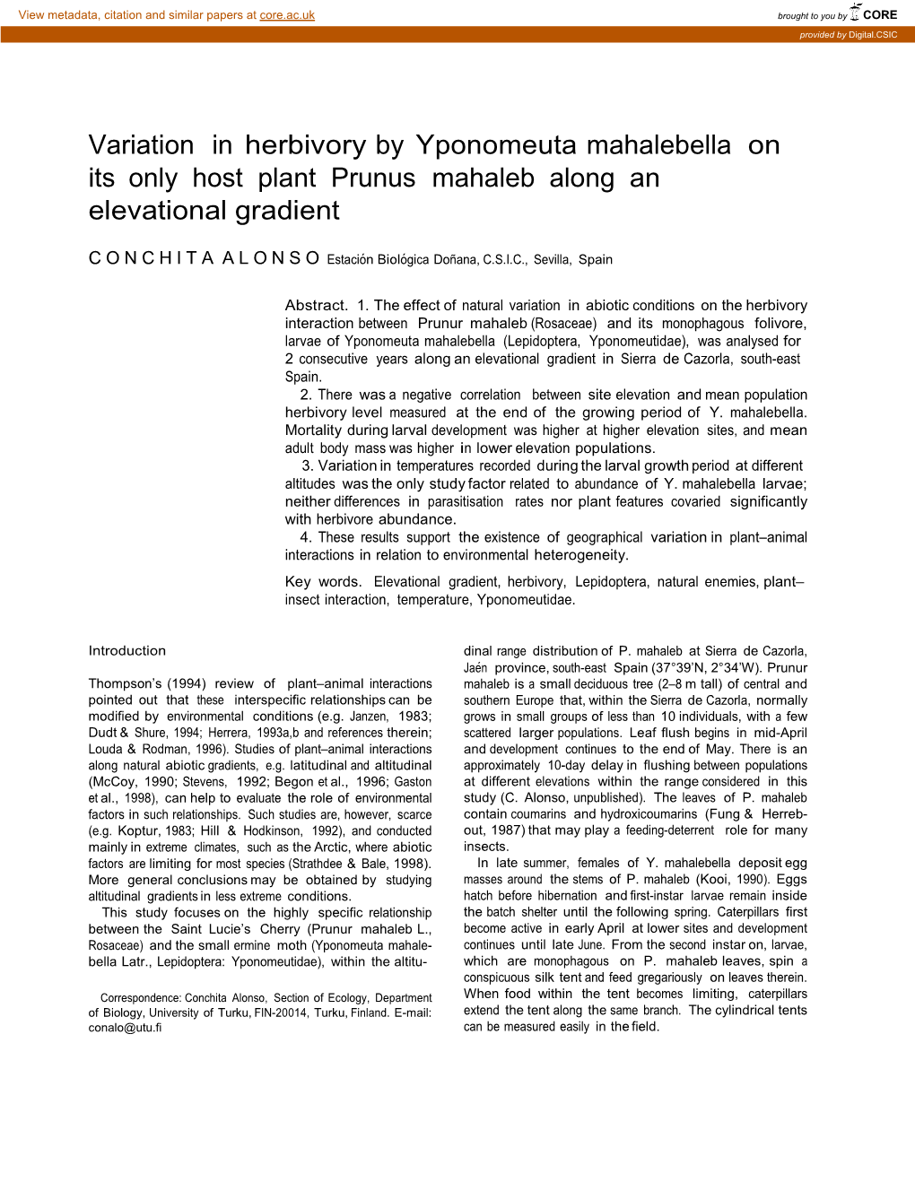 Variation in Herbivory by Yponomeuta Mahalebella on Its Only Host Plant Prunus Mahaleb Along an Elevational Gradient