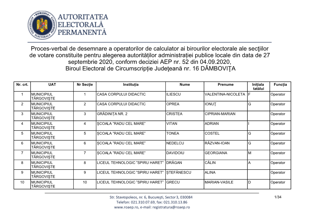 Proces-Verbal De Desemnare a Operatorilor De Calculator Ai