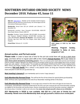SOUTHERN ONTARIO ORCHID SOCIETY NEWS December 2010, Volume 45, Issue 11
