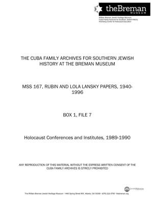 The Cuba Family Archives for Southern Jewish History at the Breman Museum Mss 167, Rubin and Lola Lansky Papers, 1940- 1996