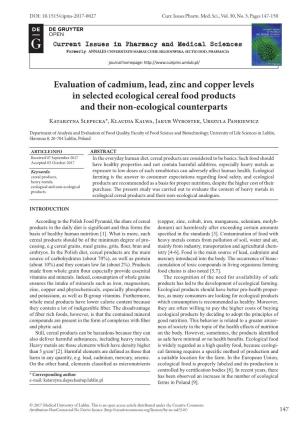 Evaluation of Cadmium, Lead, Zinc and Copper Levels in Selected Ecological