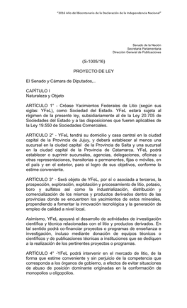 PROYECTO DE LEY El Senado Y Cámara De Diputados,.. CAPÍTULO I Naturaleza Y Objeto ARTÍCULO 1