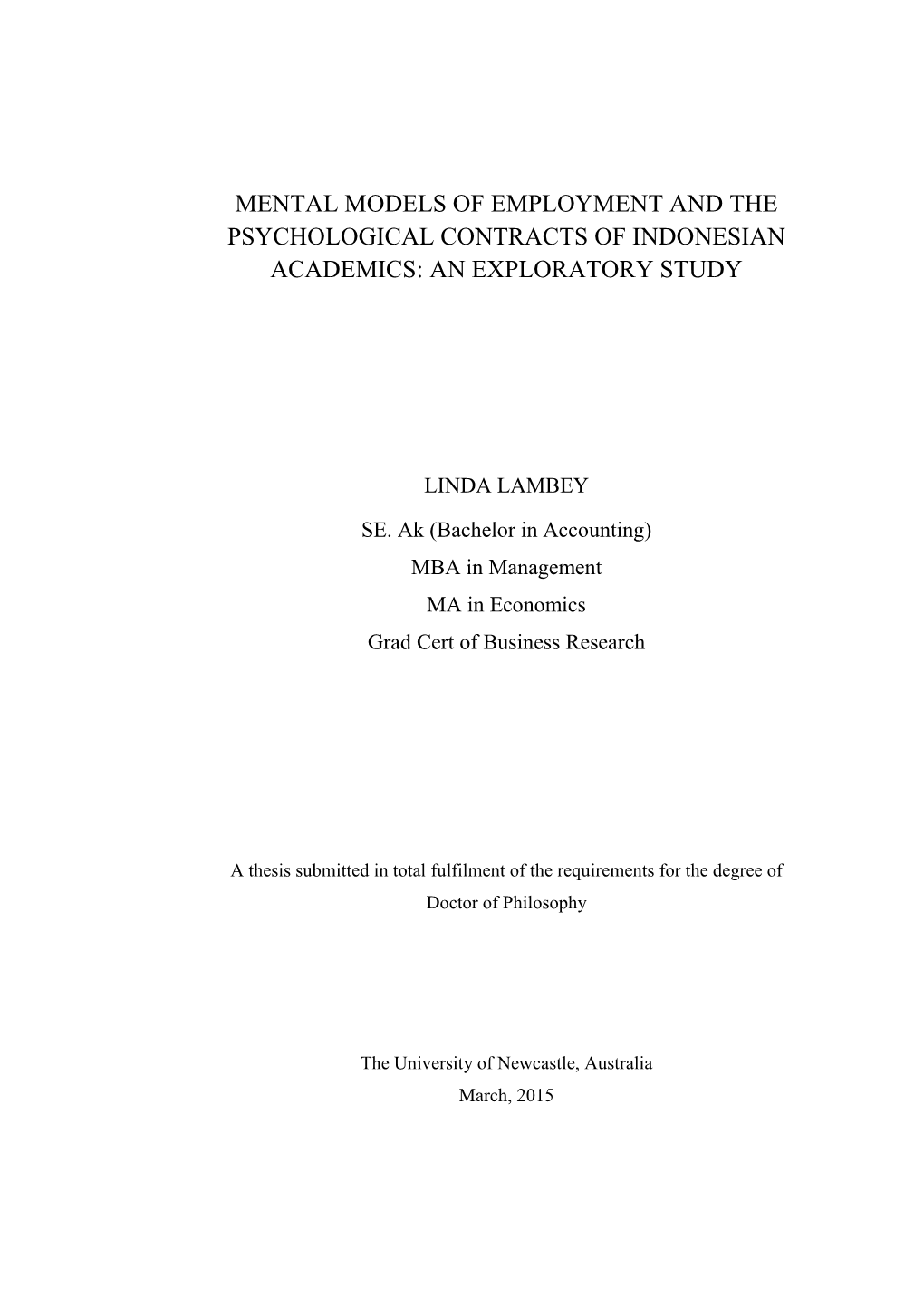 Mental Models of Employment and the Psychological Contracts of Indonesian Academics: an Exploratory Study