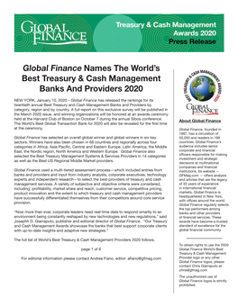 Global Finance Names the World's Best Treasury & Cash Management