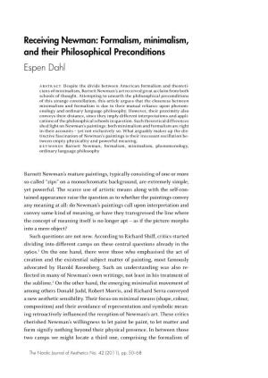 Receiving Newman: Formalism, Minimalism, and Their Philosophical Preconditions Espen Dahl