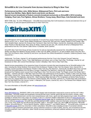 Siriusxm to Air Live Concerts from Across America to Ring in New Year