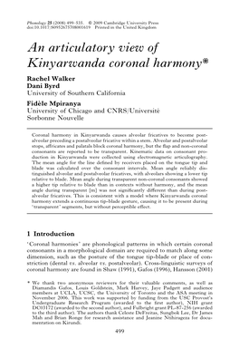 An Articulatory View of Kinyarwanda Coronal Harmony*