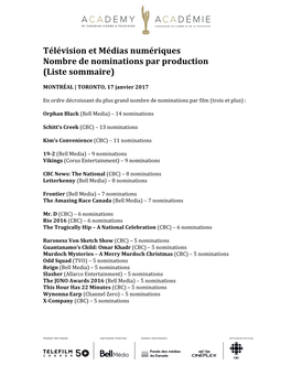 Télévision Et Médias Numériques Nombre De Nominations Par Production (Liste Sommaire)