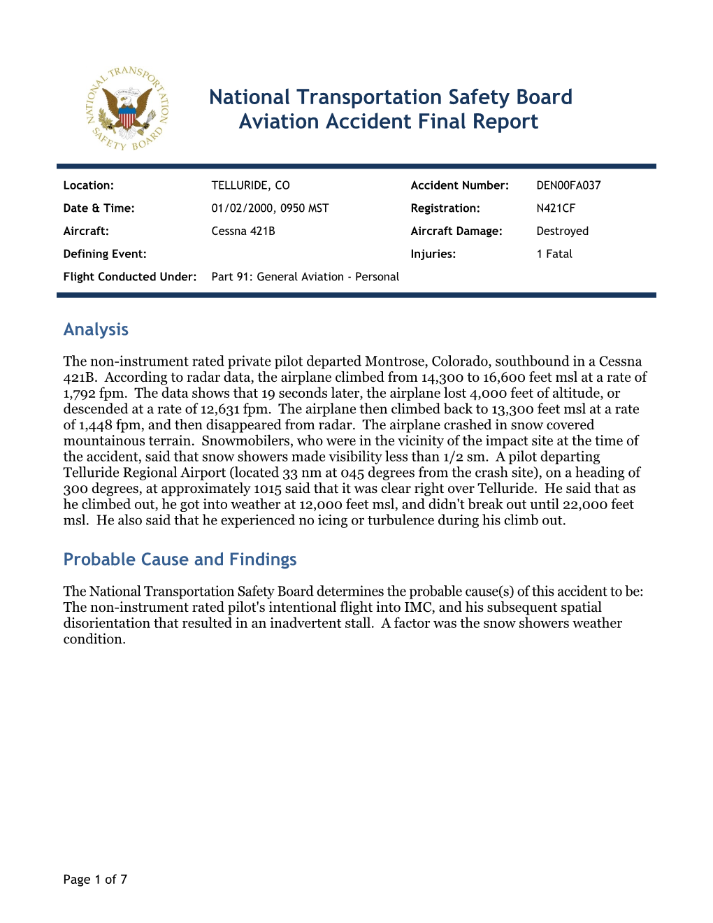 National Transportation Safety Board Aviation Accident Final Report