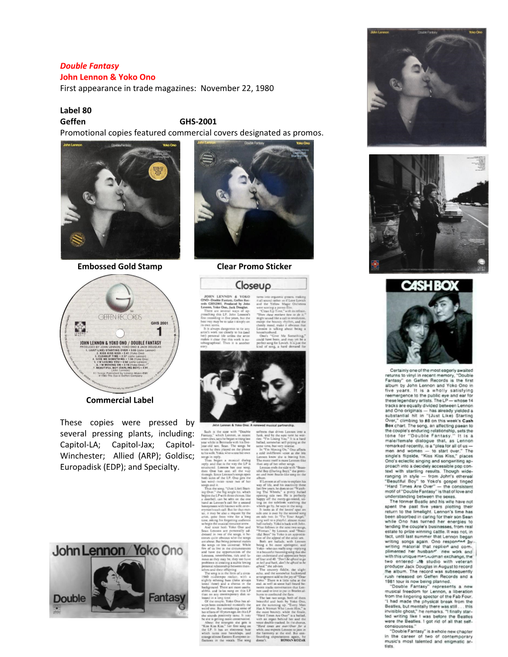 Double Fantasy John Lennon & Yoko Ono First Appearance in Trade Magazines: November 22, 1980