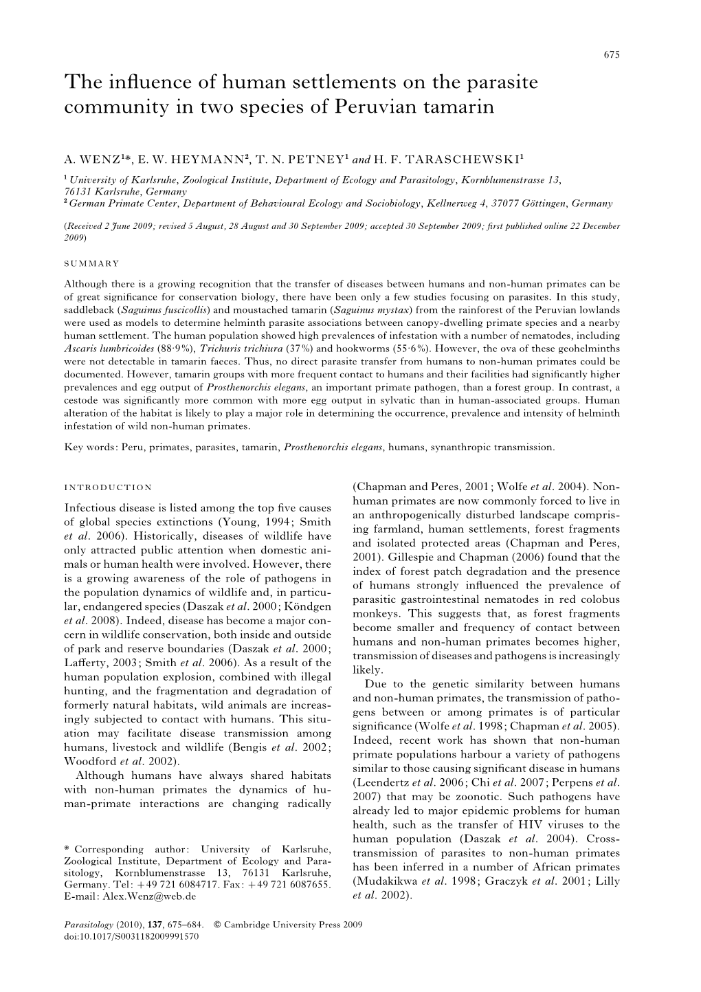 The Influence of Human Settlements on the Parasite Community in Two