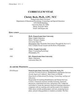 CURRICULUM VITAE Christy Beck, Ph.D., LPC