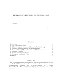 RICHARDSON VARIETIES in the GRASSMANNIAN Contents