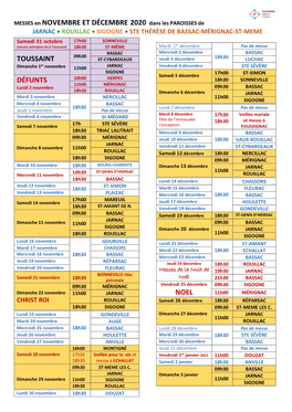 MESSES En NOVEMBRE ET DÉCEMBRE 2020 TOUSSAINT