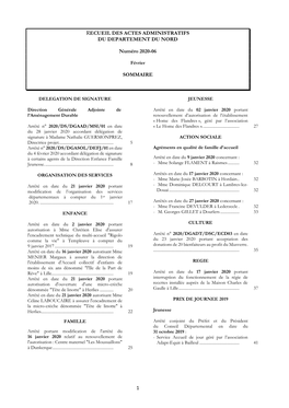 1 RECUEIL DES ACTES ADMINISTRATIFS DU DEPARTEMENT DU NORD Numéro 2020-06 SOMMAIRE