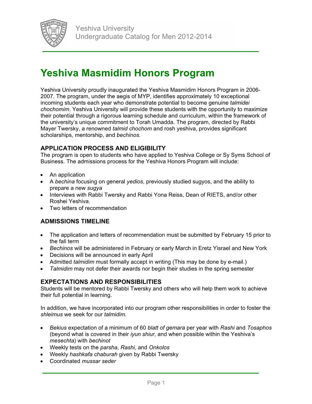 Yeshiva Masmidim Honors Program