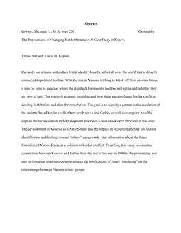 Abstract Gawrys, Michaela L., MA May 2021 Geography the Implications