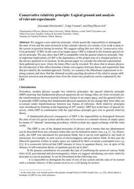 Conservative Relativity Principle: Logical Ground and Analysis of Relevant Experiments