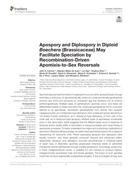 Apospory and Diplospory in Diploid Boechera (Brassicaceae) May Facilitate Speciation by Recombination-Driven Apomixis-To-Sex Reversals