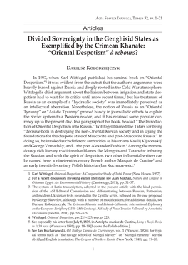 Divided Sovereignty in the Genghisid States As Exemplified by the Crimean Khanate: “Oriental Despotism” À Rebours?