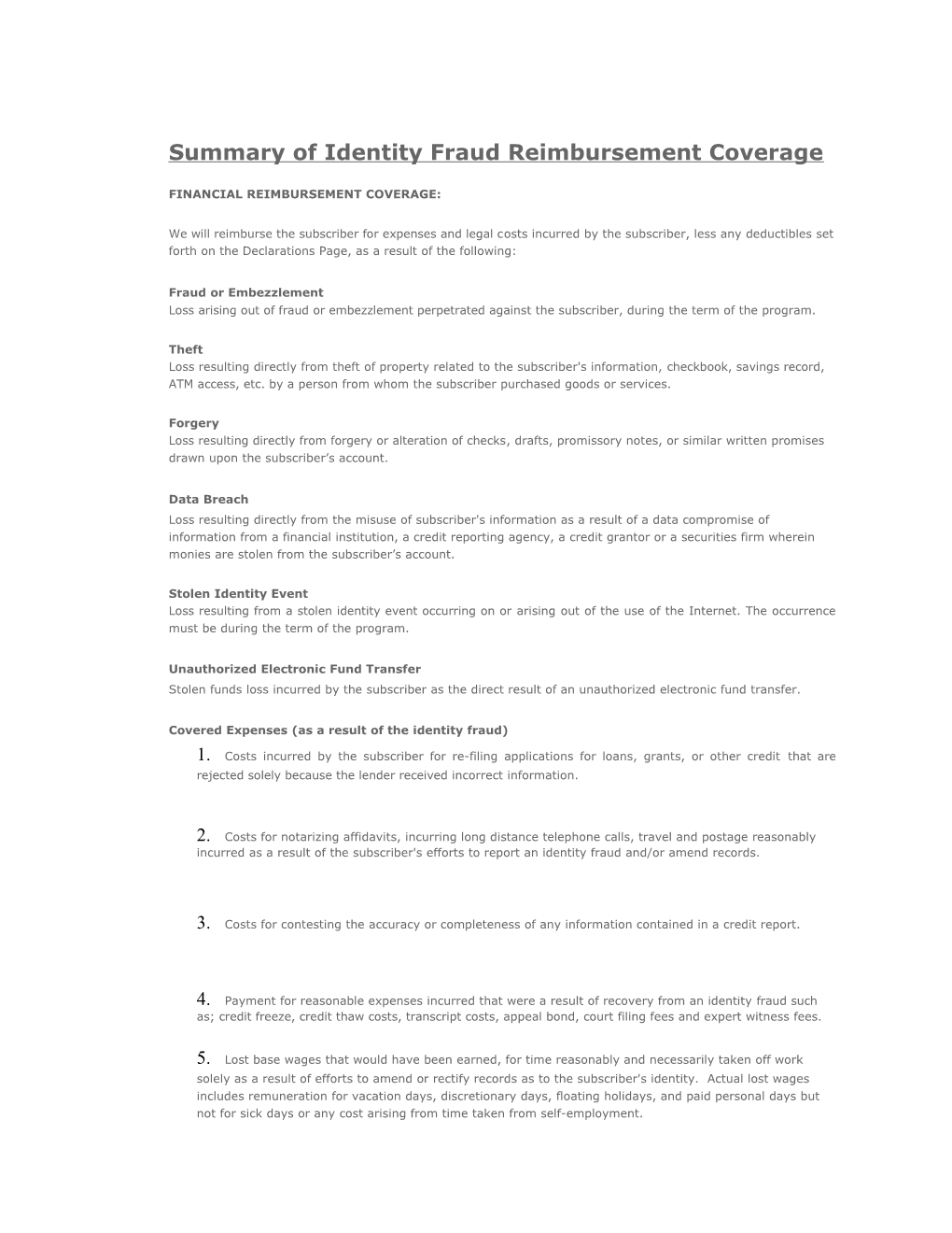 Summary of Identity Fraud Reimbursement Coverage