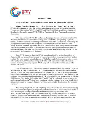 NEWS RELEASE Gray to Sell WCAV/WVAW