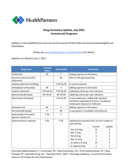 Formulary Update, July 2021, Commercial