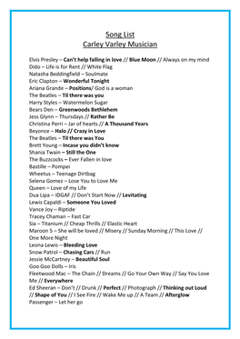 Song List Carley Varley Musician