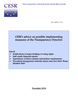 CESR's Advice on Possible Implementing Measures of the Transparency Directive