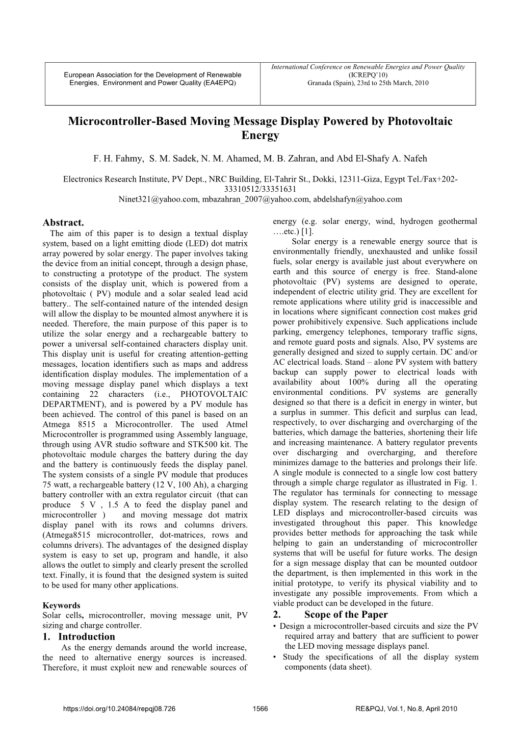 Microcontroller-Based Moving Message Display Powered by Photovoltaic Energy