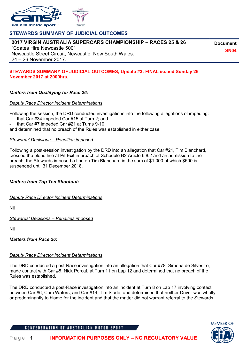 STEWARDS SUMMARY of JUDICIAL OUTCOMES Page