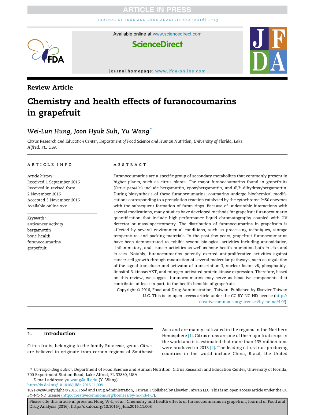 Chemistry and Health Effects of Furanocoumarins in Grapefruit