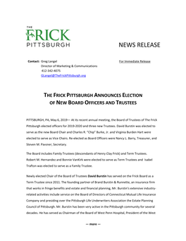 The Frick Pittsburgh Announces Election of New Board Officers and Trustees